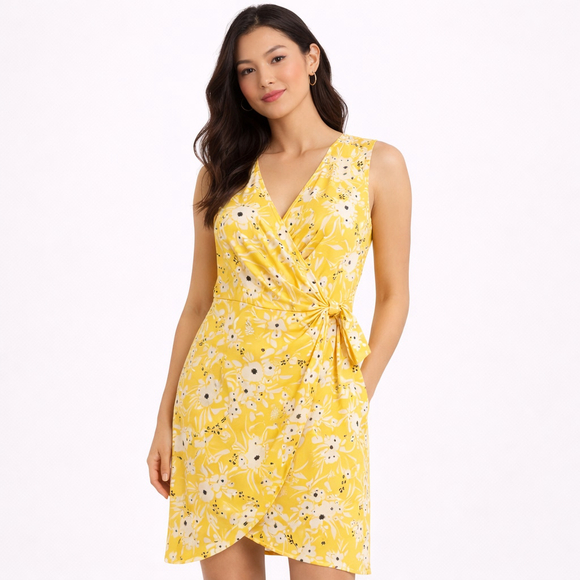 Banana Republic Dresses & Skirts - Women's Banana Republic Factory Yellow Floral Sleeveless Wrap Dress S